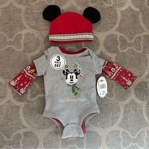 NWT Disney Mickey Christmas (2) baby onesies & Mickey ear cap